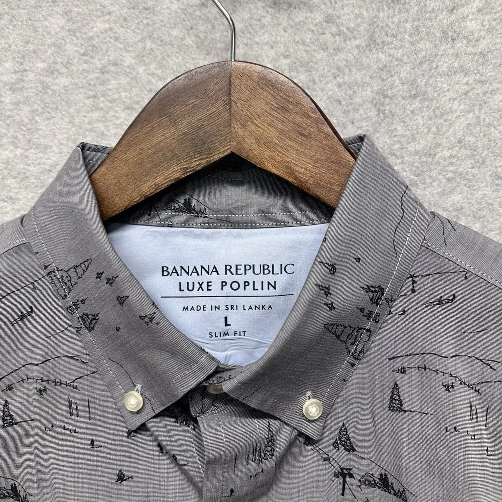 Banana‎ Republic Shirt Mens Button Down Sz L Gray Ski Skier Luxe Poplin Slim Fit